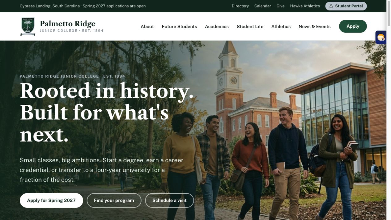 Website da instituição — Palmetto Ridge Junior College