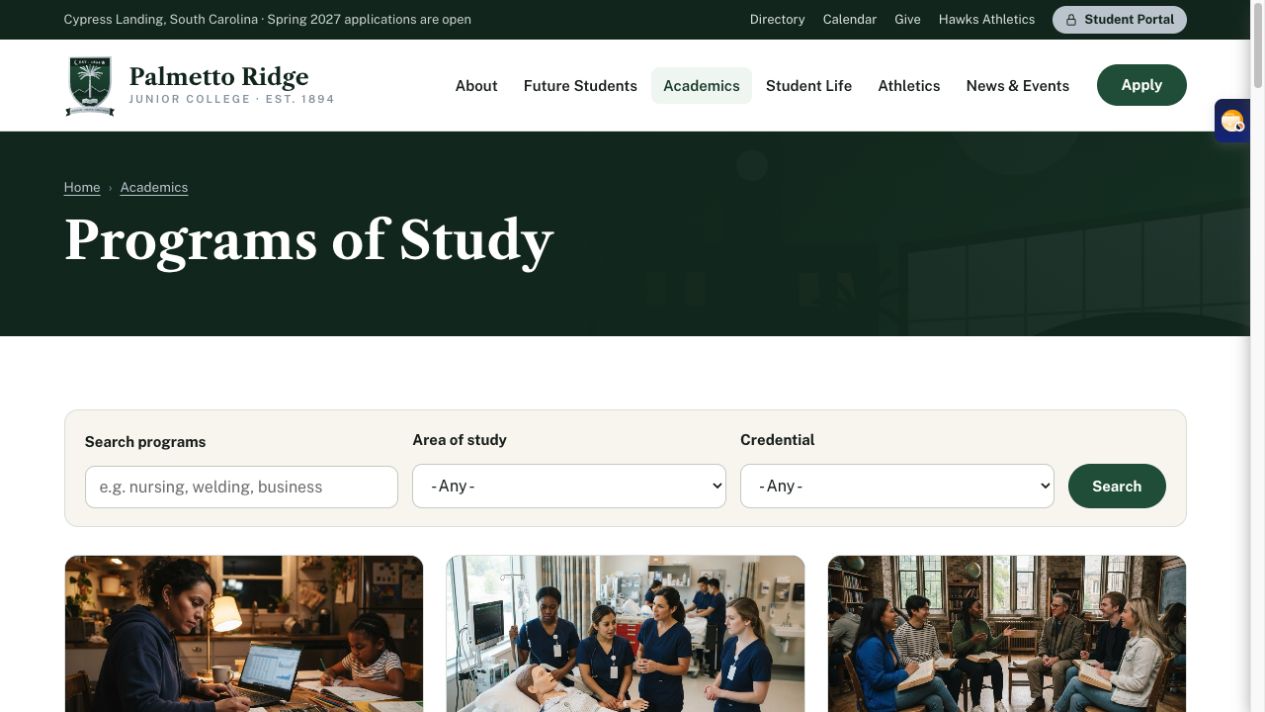 Aplicação de pesquisa de cursos — Palmetto Ridge Junior College