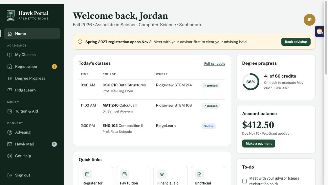 Portal do estudante Hawk — Palmetto Ridge Junior College