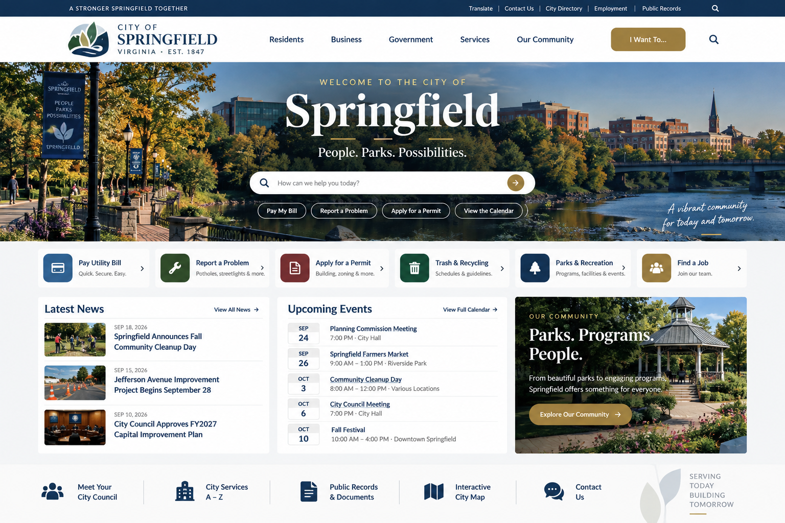 Redesigned Springfield website with streamlined navigation and prominent city services