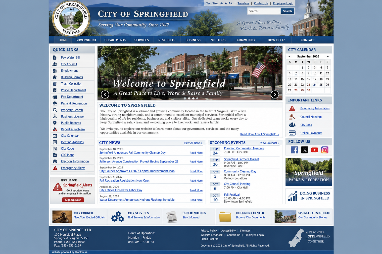 Original Springfield website with dense navigation and multiple sidebars